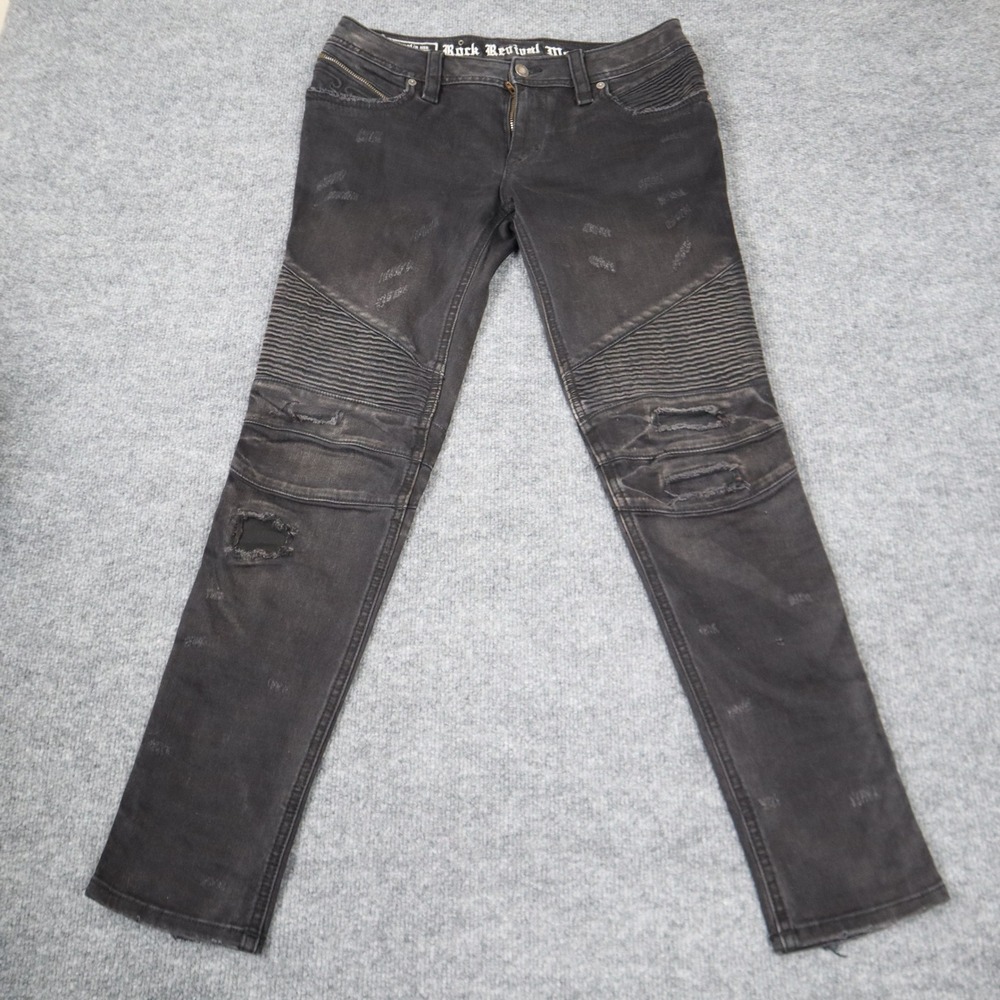 Rock Revival Moto Men Black Distressed Biker Jeans Slim Fit Ribbed Details READ - Picture 1 of 16